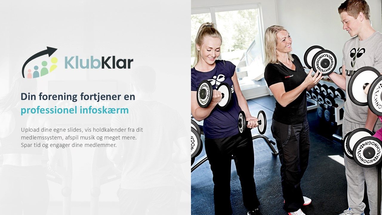 Infoskærm i en dansk forening med holdkalender og dagens hold