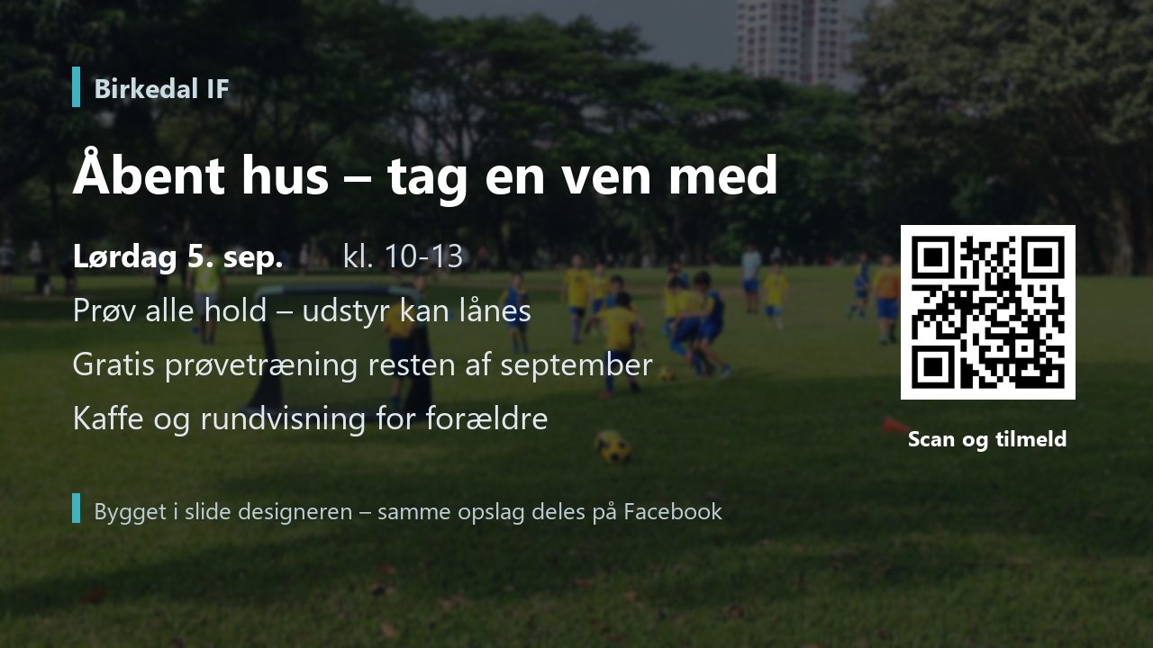 Åbent hus-opslag med dato, gratis prøvetræning og QR-kode til tilmelding, bygget i slide designeren