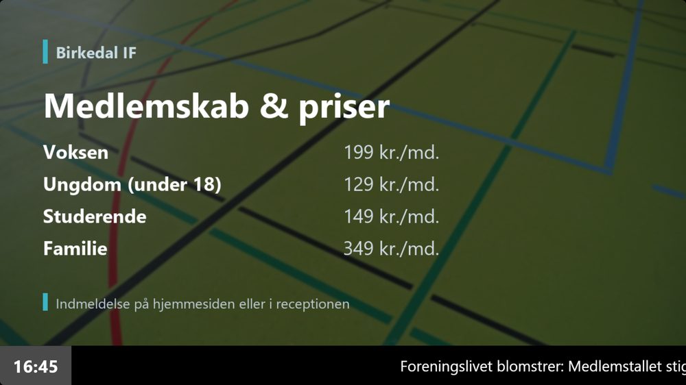 Eget slide på infoskærmen med foreningens medlemspriser – bygget i slide designeren