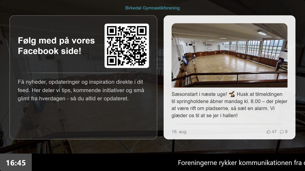 Infoskærm der automatisk viser foreningens seneste Facebook-opslag