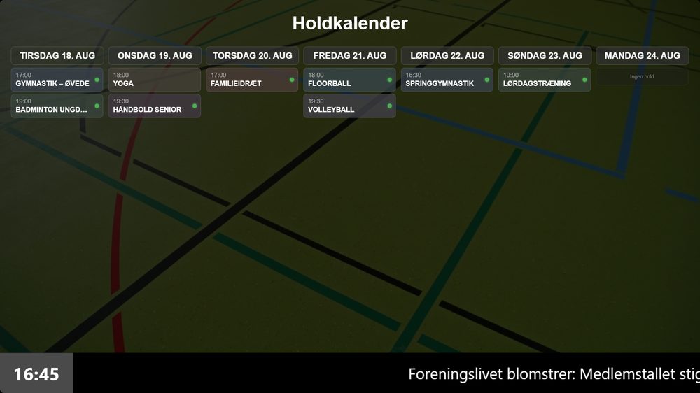 Infoskærm med holdkalender hentet fra Conventus