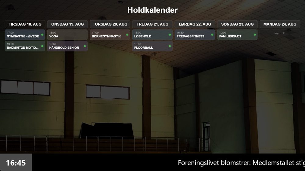 Digital skiltning i en forening der viser holdkalender hentet automatisk fra medlemssystemet