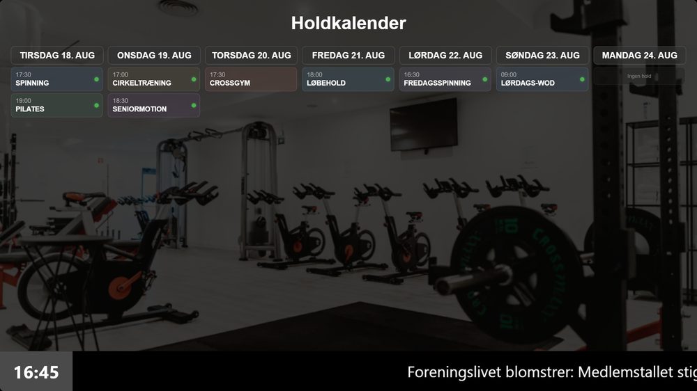 Infoskærm med holdkalender hentet fra ForeningLet