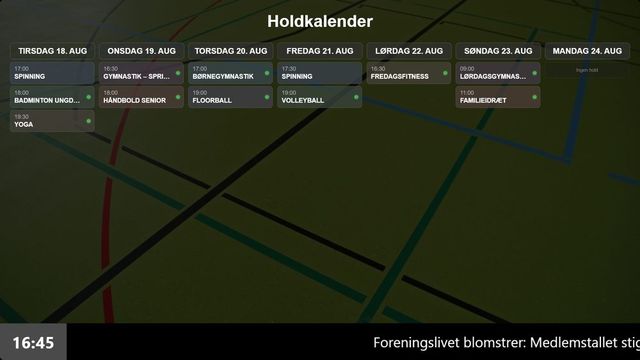 KlubKlar-infoskærm med holdkalender genereret automatisk fra foreningens medlemssystem