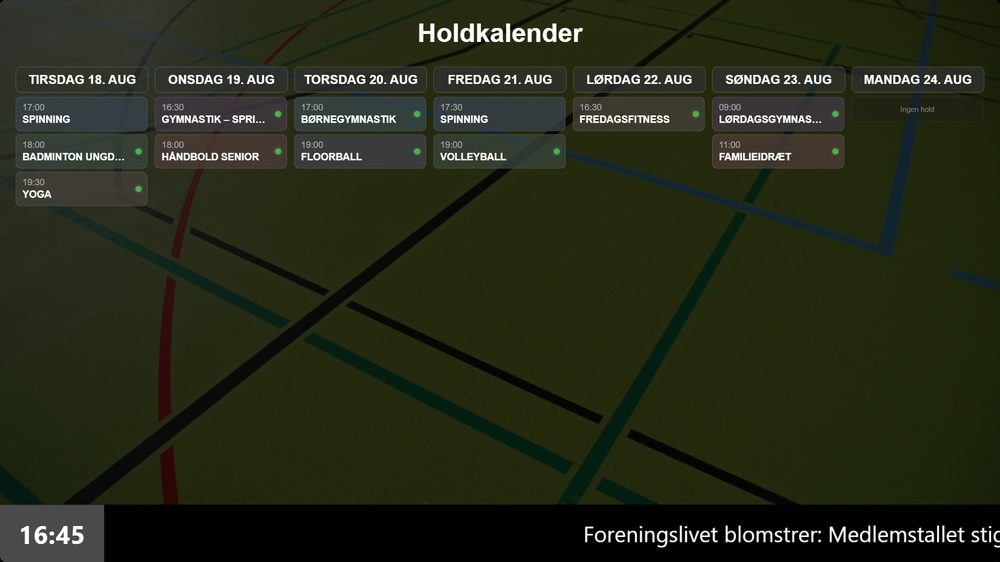 Infoskærm med holdkalender genereret automatisk ud fra foreningens egne data i medlemssystemet