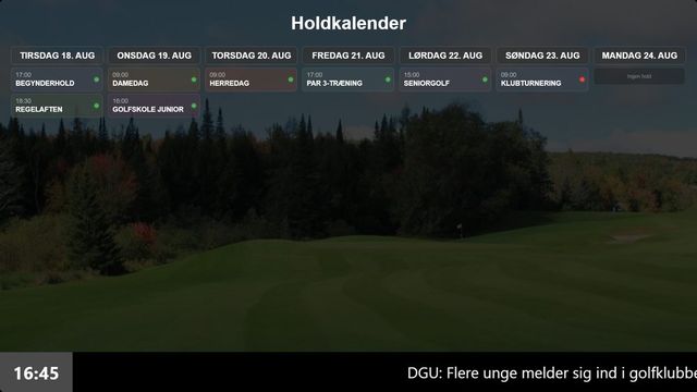 Infoskærm i en golfklub med ugens aktiviteter fra golfskole til klubturnering