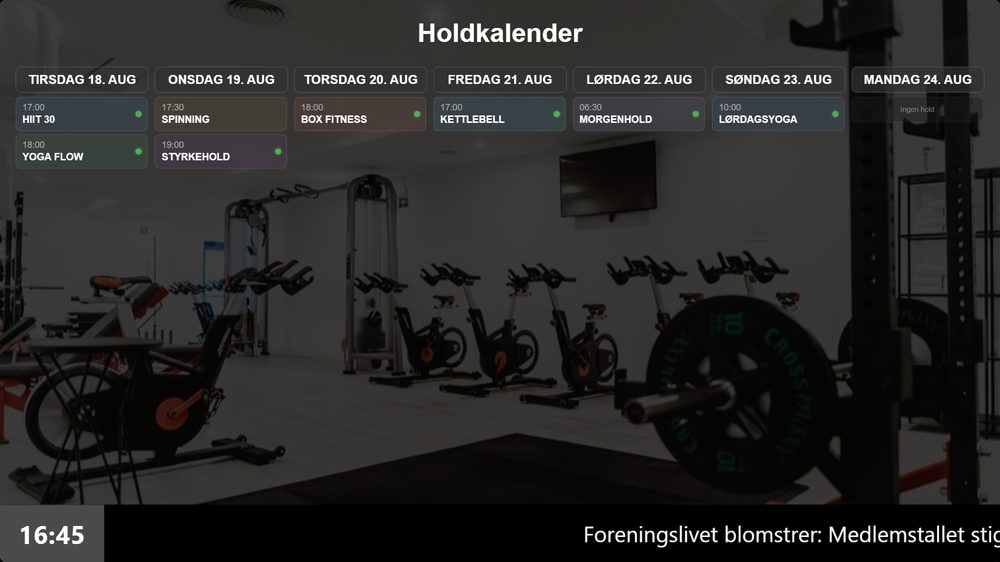 Infoskærm med holdkalender hentet fra goMember