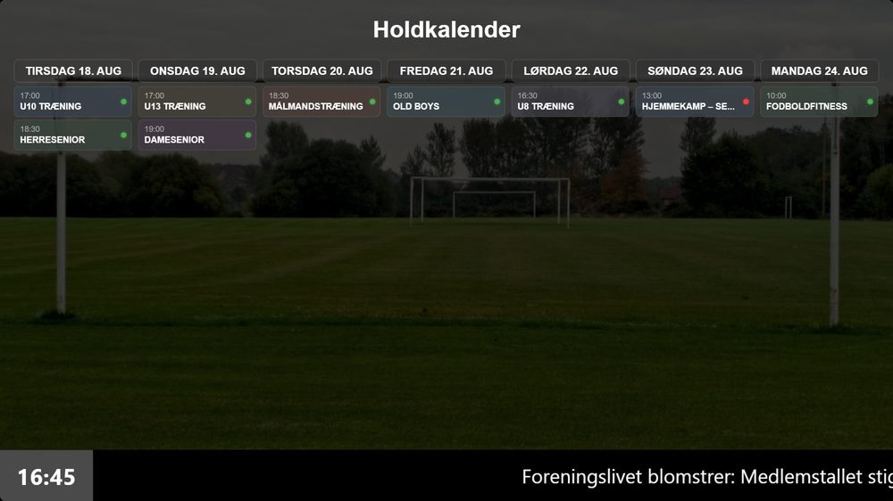 Infoskærm med holdkalender hentet fra Holdsport