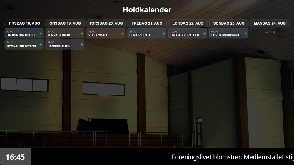 Infoskærm med holdkalender hentet fra Klubmodul