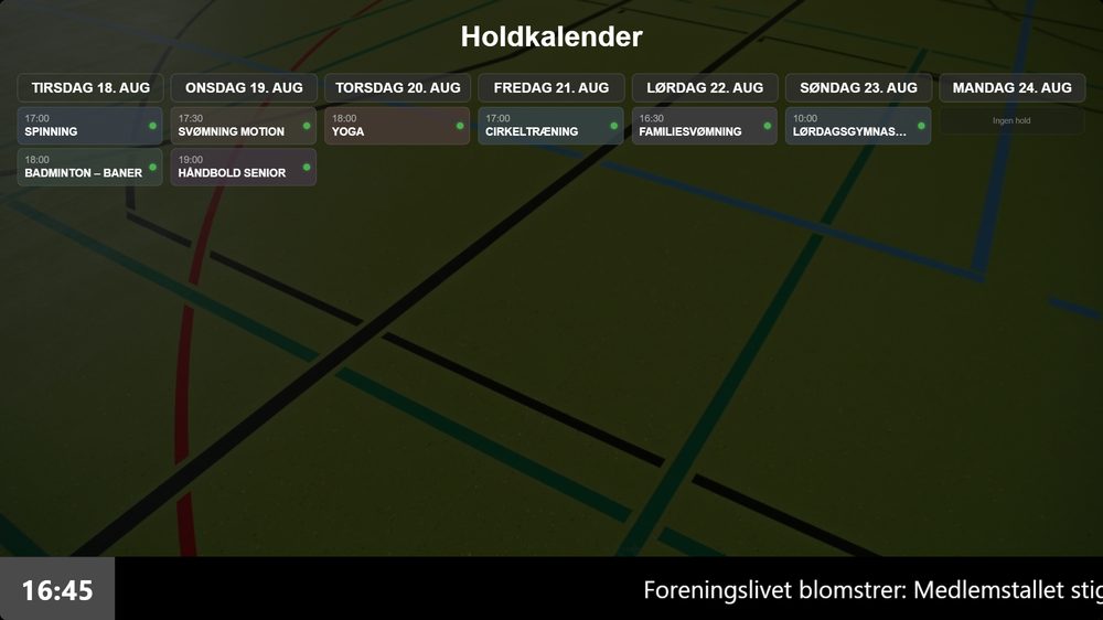 Infoskærm med holdplan hentet fra Sport Solution