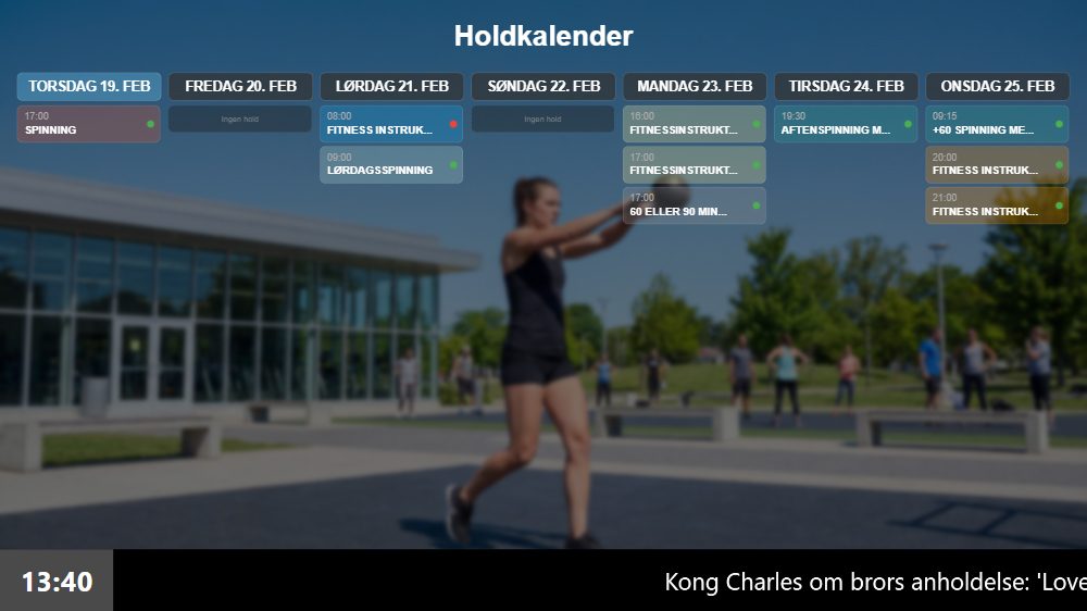 Holdkalender-slide fra ForeningLet på Borup Fitness' infoskærm