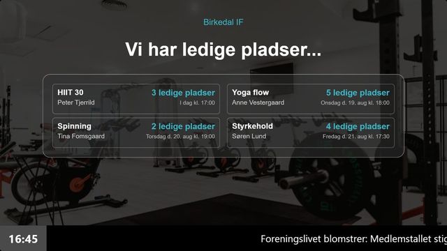 Infoskærm med ledige pladser hentet automatisk fra goMember