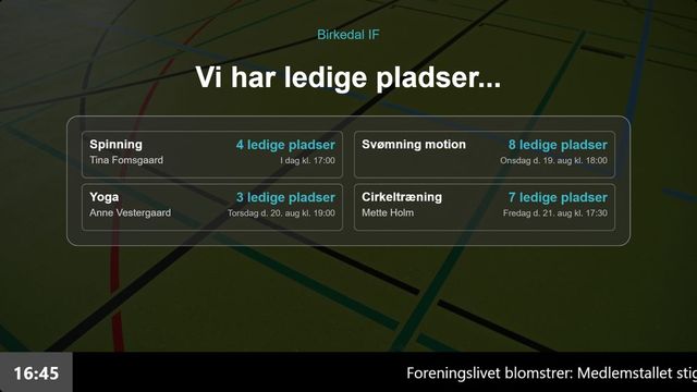 Infoskærm med ledige pladser hentet automatisk fra Sport Solution