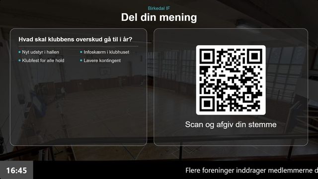 Meningsmåling på infoskærmen hvor medlemmerne stemmer om klubbens næste investering