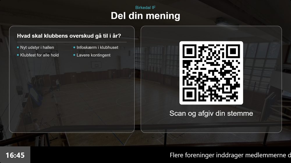 Meningsmåling på infoskærmen hvor medlemmerne stemmer om klubbens næste investering