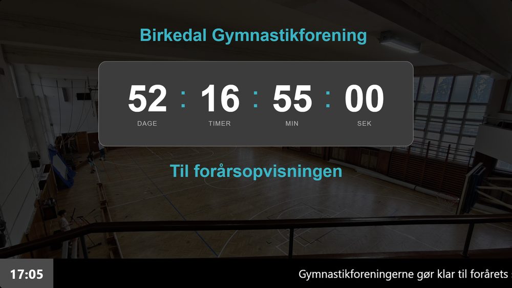 Infoskærm i en gymnastikforening med nedtælling til sæsonens opvisning