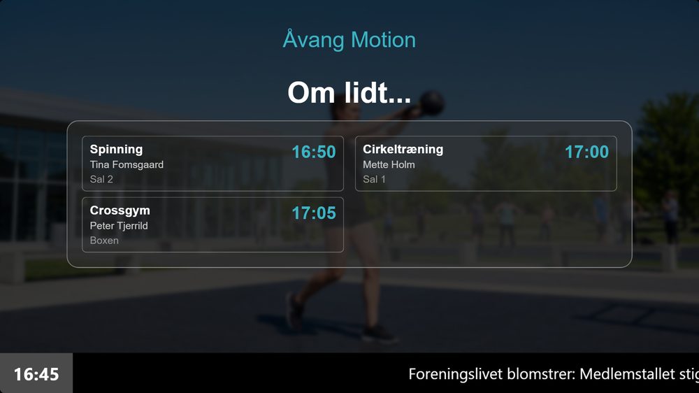 Infoskærmens Om lidt-visning med hold der starter om få minutter – hentet automatisk fra ForeningLet