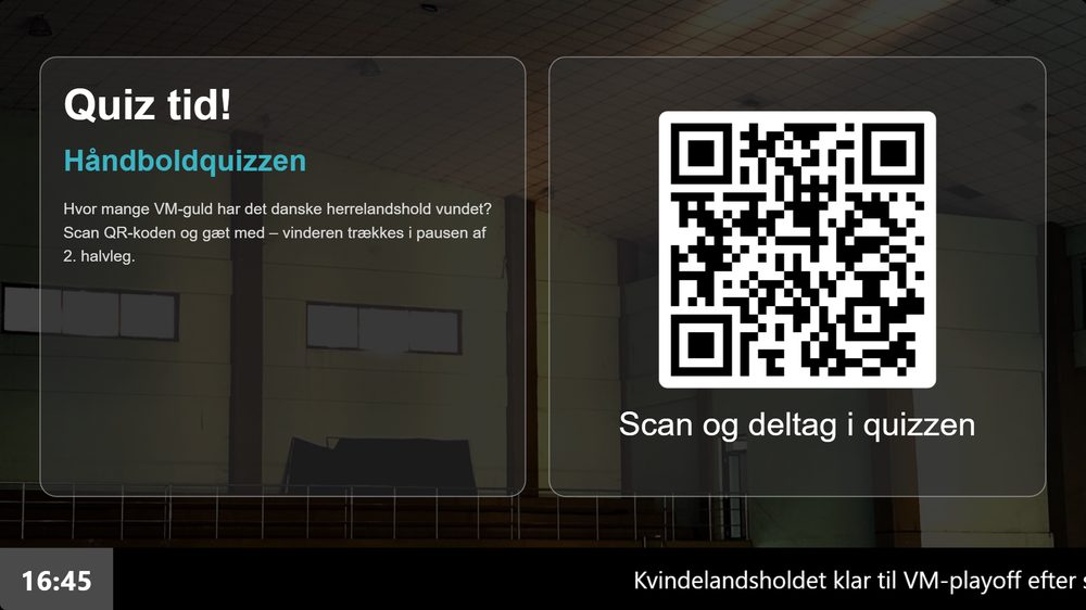 Infoskærm i en håndboldklub med pausequiz til hjemmekampe