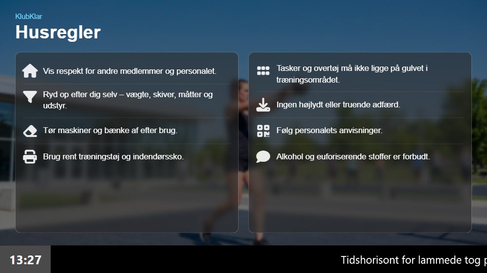 Foreningsregler vist på infoskærmen