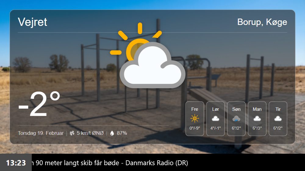 Vejrudsigt fra DMI vist på infoskærmen